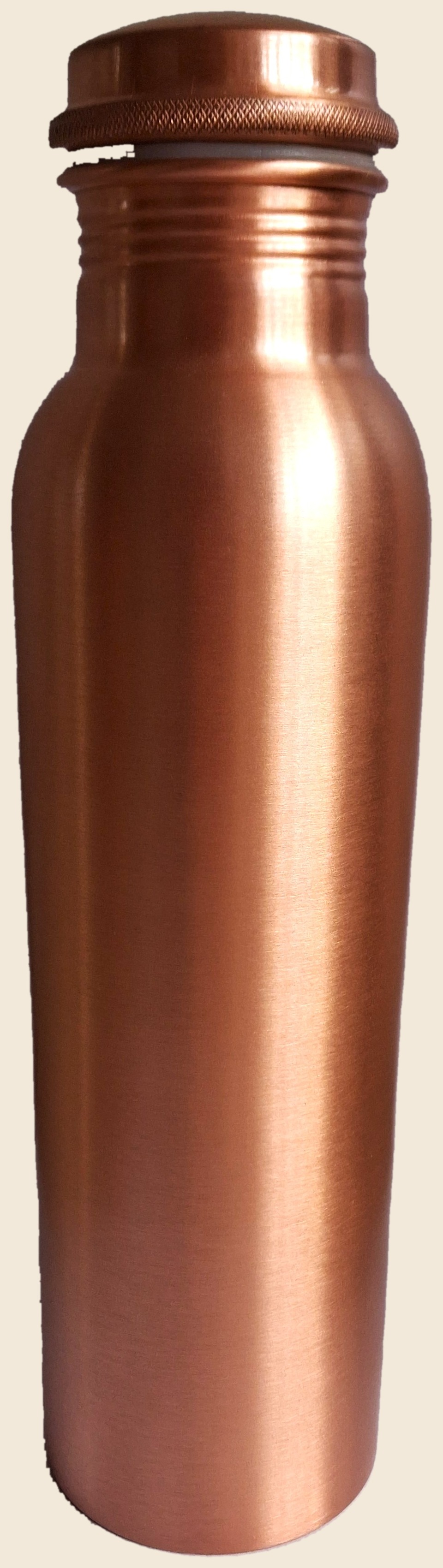 The Copper Aura bottle: plain brushed copper with a rounded screw cap, standing upright